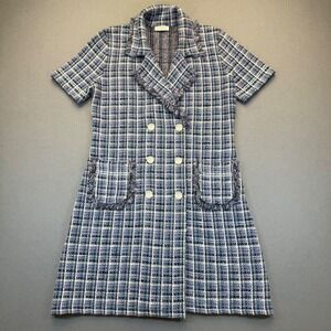Sandro Paris Blue Purple Plaid Tweed Double Breasted Mini Dress FR 40 US 8